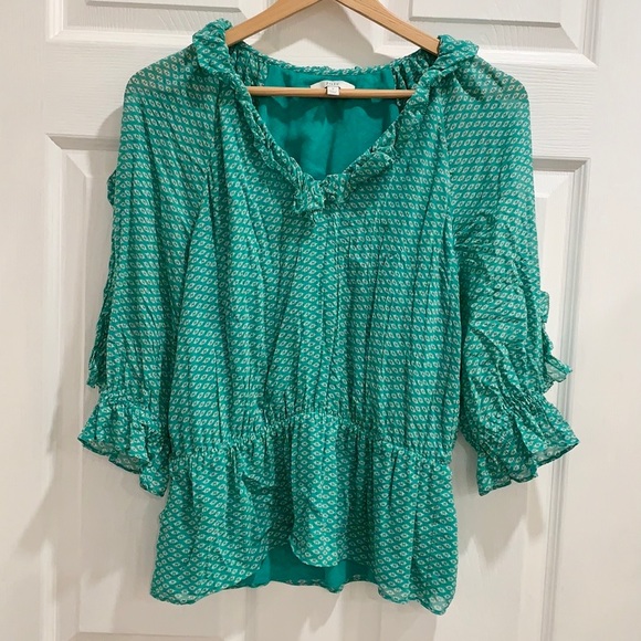 Joie Zaida Ruffle Silk Turquoise Green Pattern Top - Picture 3 of 13